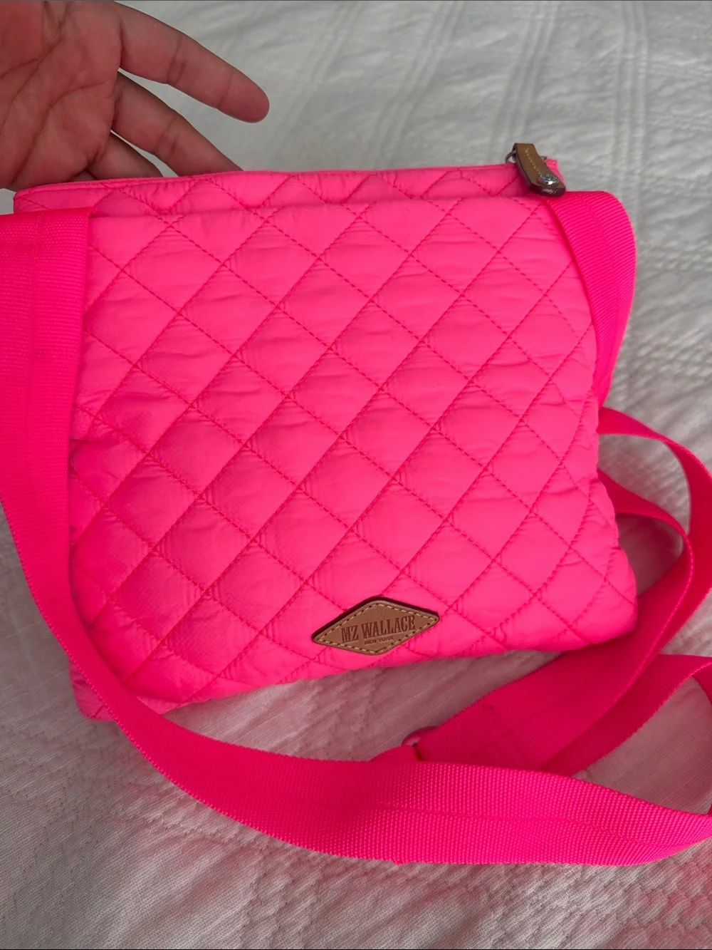 MZ Wallace Flat Metro Quilted Crossbody Bag Neon Hot Pink Italian Leather Accent